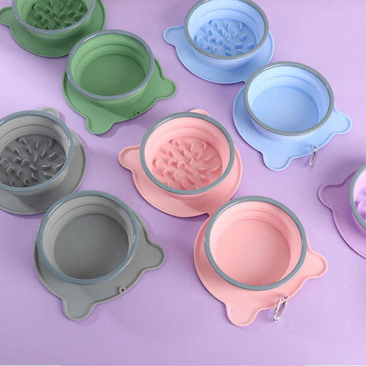 Dark Blue Portable Collapsible Pet Bowl Set - Food-Grade Silicone Double Bowl for Dogs & Cats, Anti-Slip & Easy to Clean