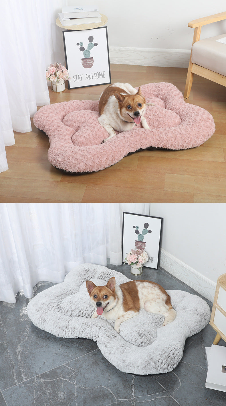 L Grey Rose Velvet Fish Scale Pet Bed - Creative Bone-Shaped Soft and Cozy Dog & Cat Nest