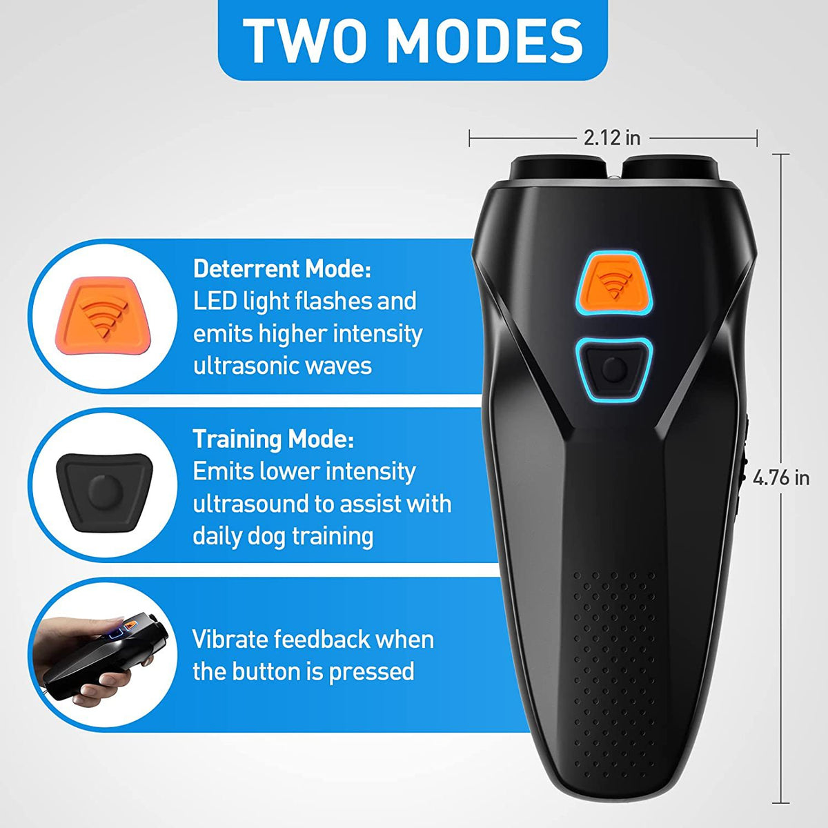 Silver USB Rechargeable Dual-Head Ultrasonic Dog Repeller - High-Power Anti-Bark Device, 142x95x41mm, 140.6g