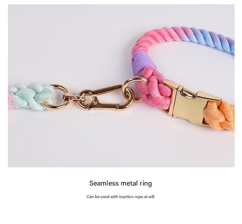 Handmade Rope Dog Collar and Leash Set - Colorful Woven Cotton Cotton (Leather pink - Size S)