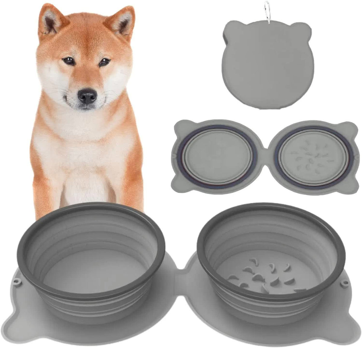 Grey Portable Collapsible Pet Bowl Set - Food-Grade Silicone Double Bowl for Dogs & Cats, Anti-Slip & Easy to Clean