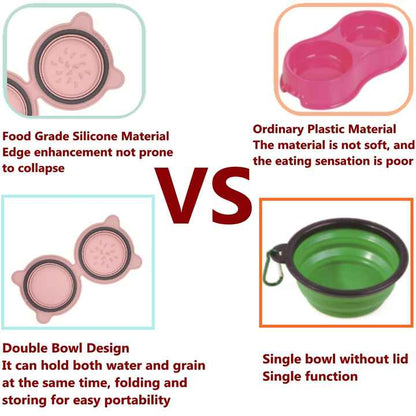 Pink Portable Collapsible Pet Bowl Set - Food-Grade Silicone Double Bowl for Dogs & Cats, Anti-Slip & Easy to Clean