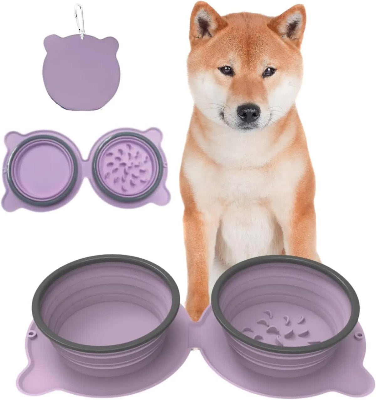 Purple Portable Collapsible Pet Bowl Set - Food-Grade Silicone Double Bowl for Dogs & Cats, Anti-Slip & Easy to Clean