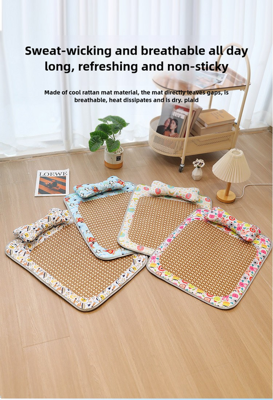 Size S Style 1 Pink And Brown Pet Cooling Mat for Dogs and Cats - Summer Breathable Woven Rattan Bed with Sponge Cushion, Durable and Chew-Resistant