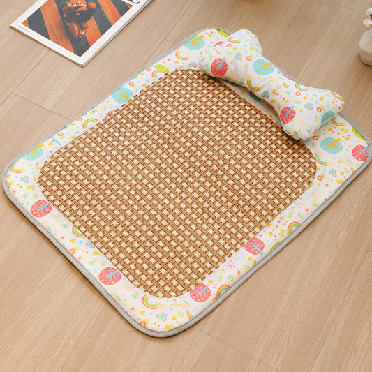 Size S Style 3 Colorful Pet Cooling Mat for Dogs and Cats - Summer Breathable Woven Rattan Bed with Sponge Cushion, Durable and Chew-Resistant