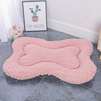 S Pink Rose Velvet Fish Scale Pet Bed - Creative Bone-Shaped Soft and Cozy Dog & Cat Nest