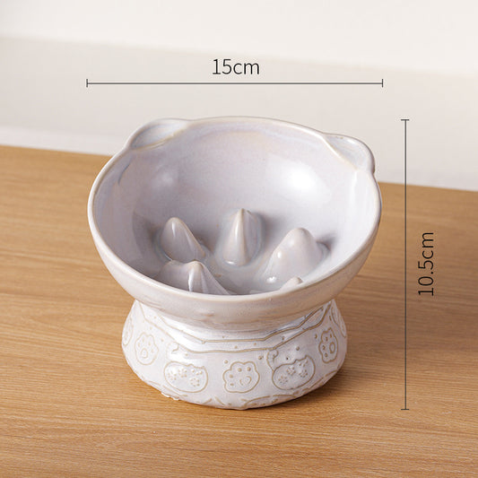 White Vintage Slow Feeder Ceramic Pet Bowl - Anti-Choke Wide-Mouth Design for Cats & Dogs, Prevents Black Chin