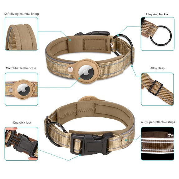 L Khaki Secure Nylon Dog Collar with Built-in Apple AirTag (not included) Holder Case - Pet Tracker Accessory