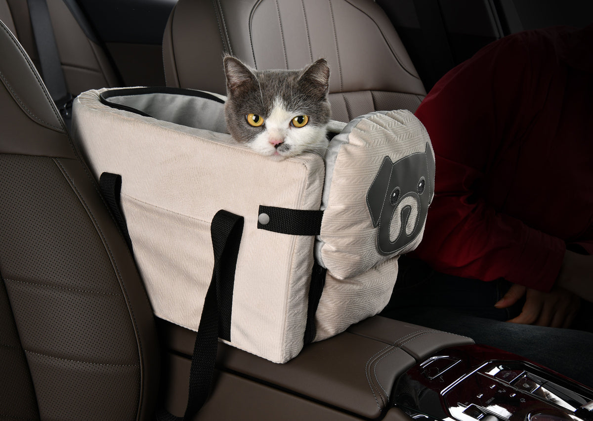 Beige Pet Car Booster Seat for Small Dogs & Cats - Safe Travel Carrier Bed