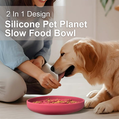 Green Silicone Planet Slow Feeder Dog Bowl - 2-in-1 Anti-Choke Lick Mat for Healthy Eating & Fun