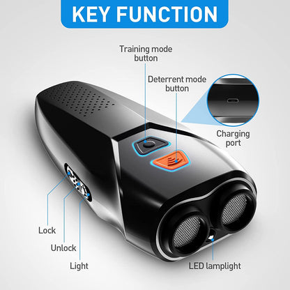 Silver USB Rechargeable Dual-Head Ultrasonic Dog Repeller - High-Power Anti-Bark Device, 142x95x41mm, 140.6g