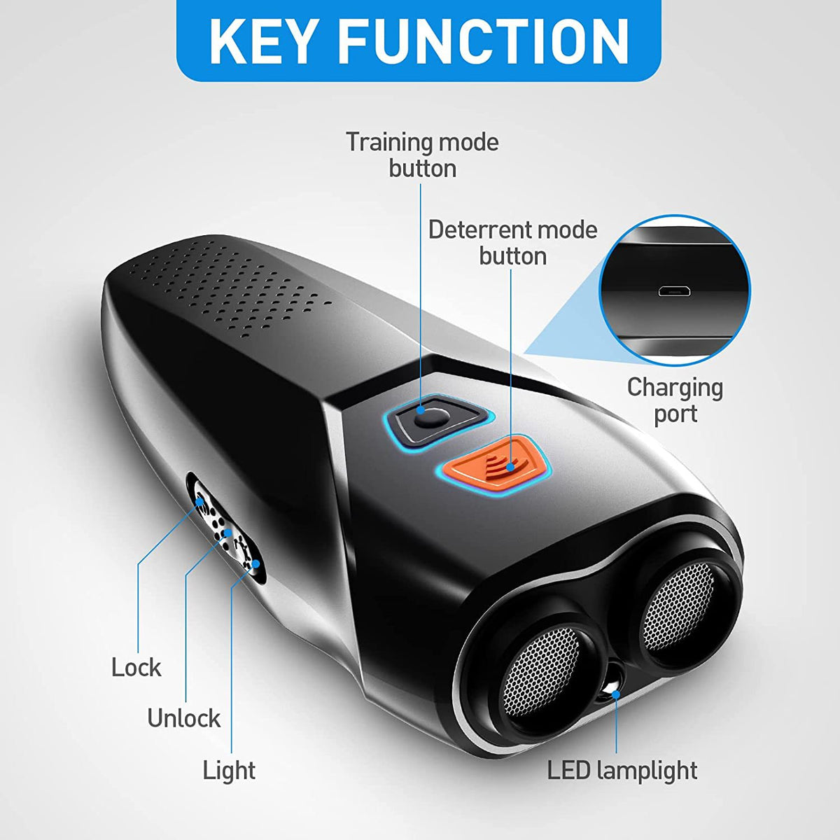 Black USB Rechargeable Dual-Head Ultrasonic Dog Repeller - High-Power Anti-Bark Device, 142x95x41mm, 140.6g