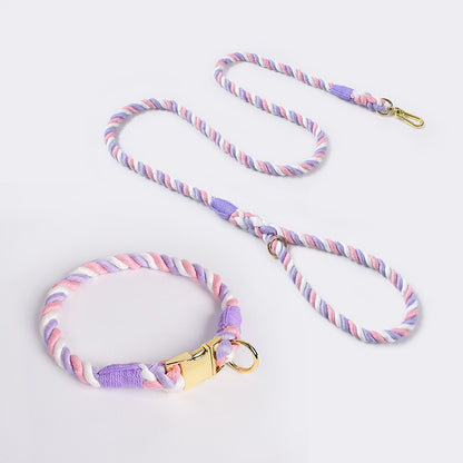 Handmade Gradient Rope Dog Collar & Leash Set - Colorful Braided Cotton (Pink purple - Size S)
