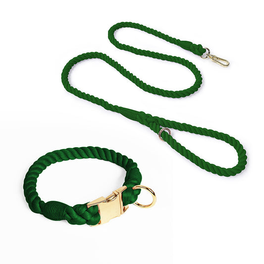 Handmade Rope Dog Collar and Leash Set - Colorful Woven Cotton (Dark green - Size L)