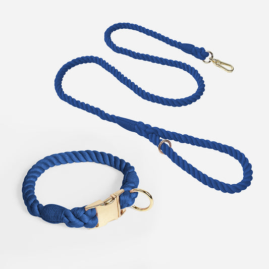 Handmade Rope Dog Collar and Leash Set - Colorful Woven Cotton (Navy blue - Size L)