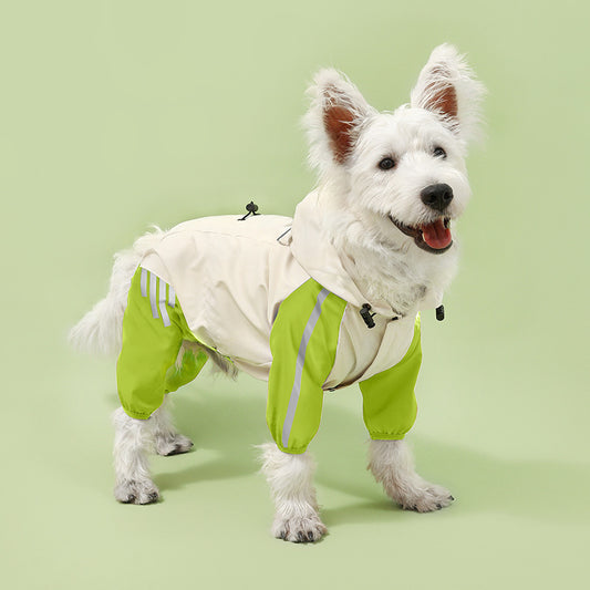 Colorblock (White Green) Dog Raincoat - Waterproof with Hood and Reflective Strips (Size S)