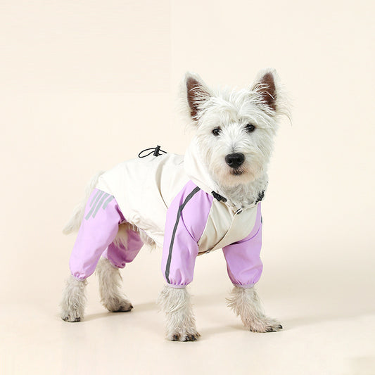 Colorblock (White Purple) Dog Raincoat - Waterproof with Hood and Reflective Strips (Size XL)