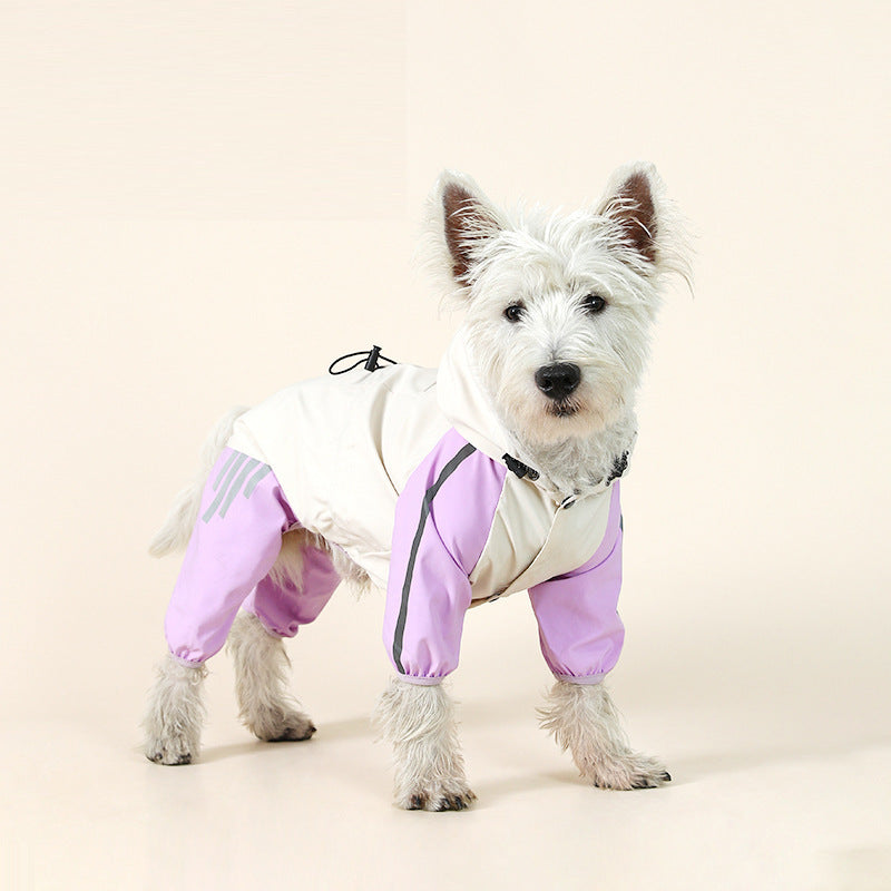 Colorblock (White Purple) Dog Raincoat - Waterproof with Hood and Reflective Strips (Size S)