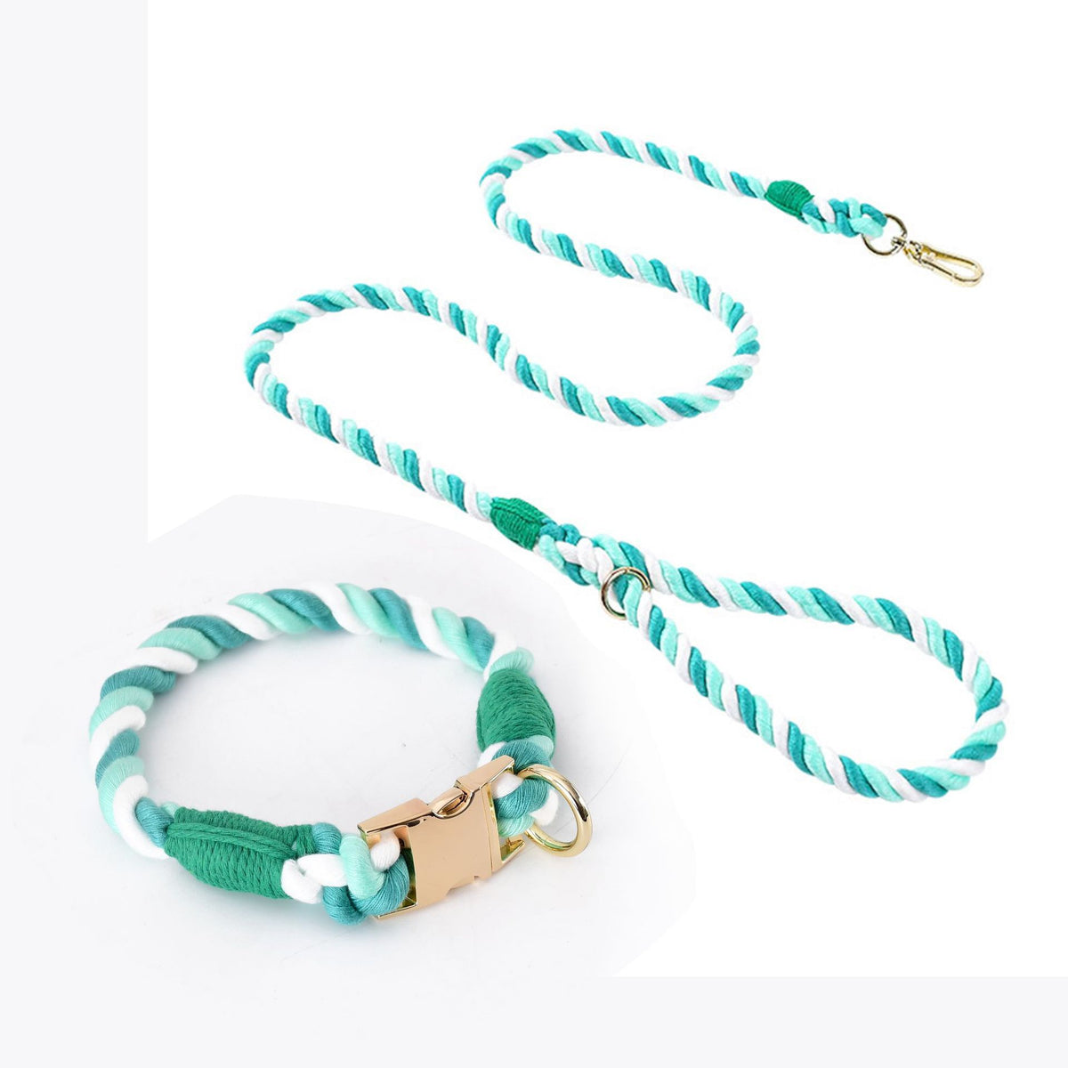 Handmade Rope Dog Collar and Leash Set - Colorful Woven Cotton (Light green - Size XL)