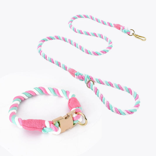 Handmade Rope Dog Collar and Leash Set - Colorful Woven Cotton (Pink - Size XL)