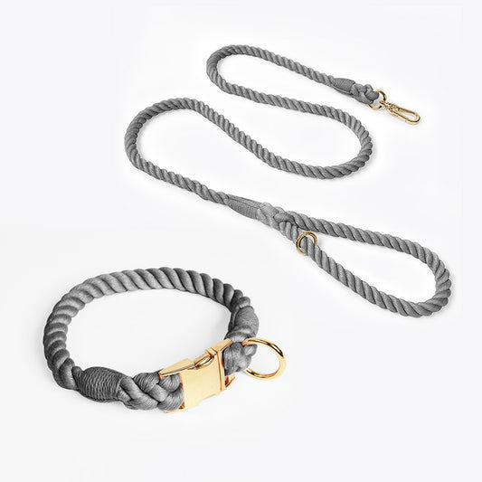Handmade Rope Dog Collar and Leash Set - Colorful Woven Cotton Cotton (Dark Gray - Size L)