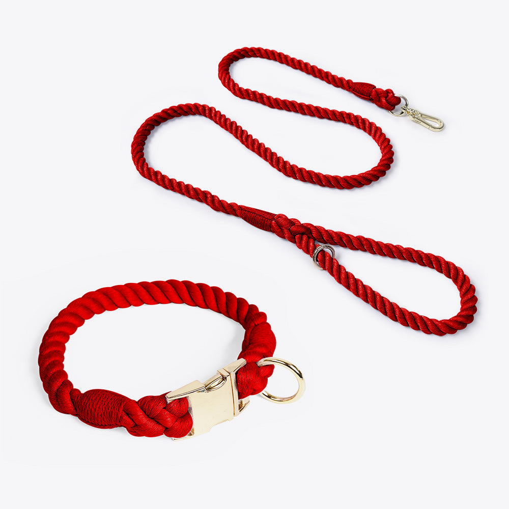 Handmade Rope Dog Collar and Leash Set - Colorful Woven Cotton Cotton (Wine red - Size XL)