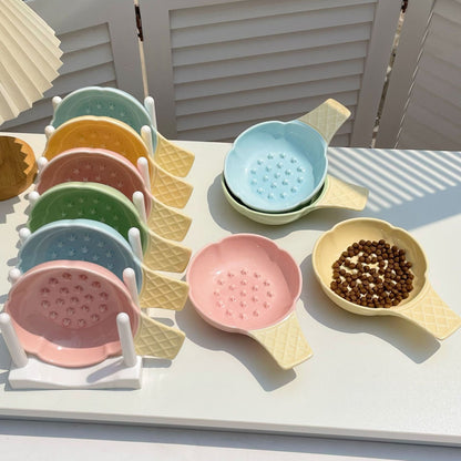Yellow Adorable Ice Cream Cone Ceramic Slow Feeder Pet Bowl - Fun Anti-Gulp Design for Cats & Dogs