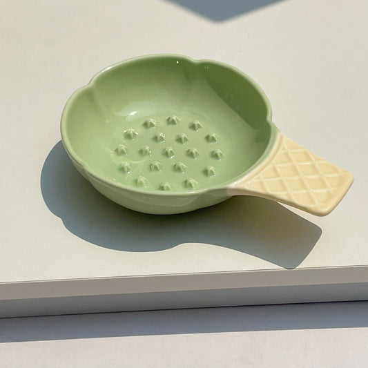 Green and Yellow Adorable Ice Cream Cone Ceramic Slow Feeder Pet Bowl - Fun Anti-Gulp Design for Cats & Dogs