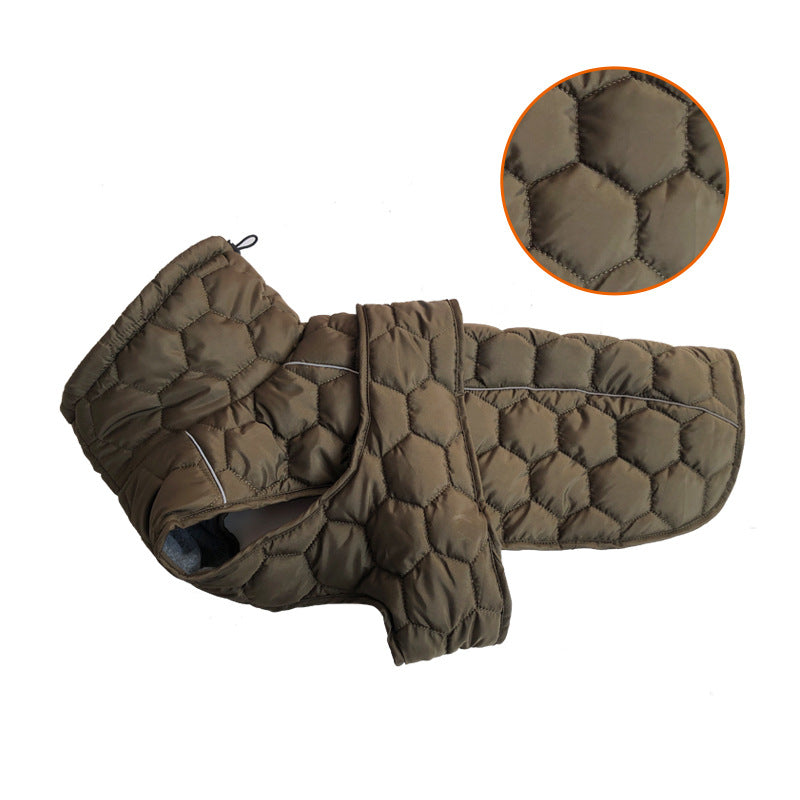 Size XL Olive Green Warm Quilted Dog Winter Coat - Adjustable Fleece-Lined Puffer Vest with Reflective Trim & Leash Port