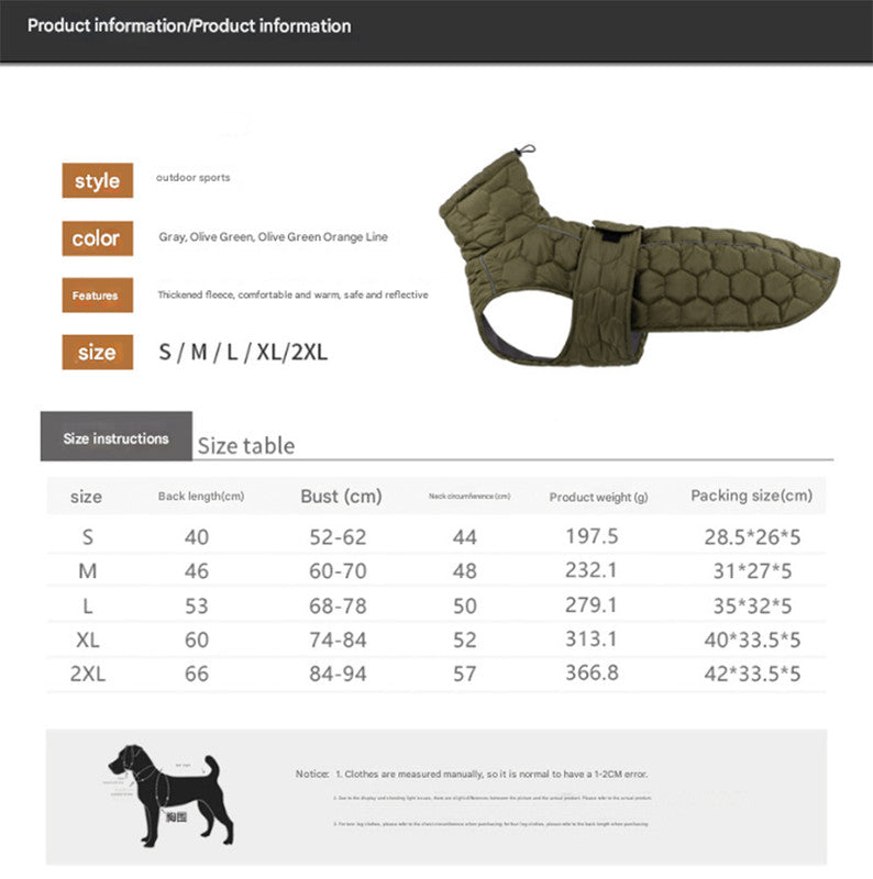 Size XL Olive Green Warm Quilted Dog Winter Coat - Adjustable Fleece-Lined Puffer Vest with Reflective Trim & Leash Port