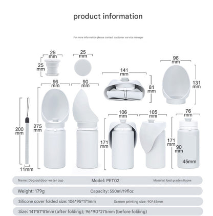 Grey Portable Pet Dog Water Bottle 550ml - Foldable Food-Grade Silicone Travel Drinker with Leak-Proof Dispenser