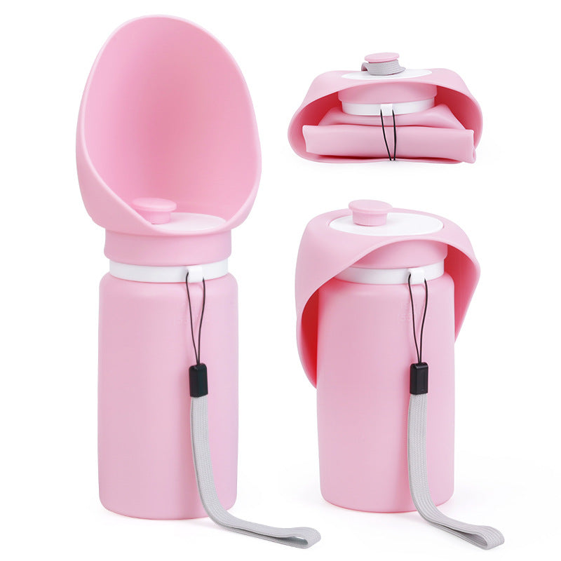 Pink Portable Pet Dog Water Bottle 550ml - Foldable Food-Grade Silicone Travel Drinker with Leak-Proof Dispenser