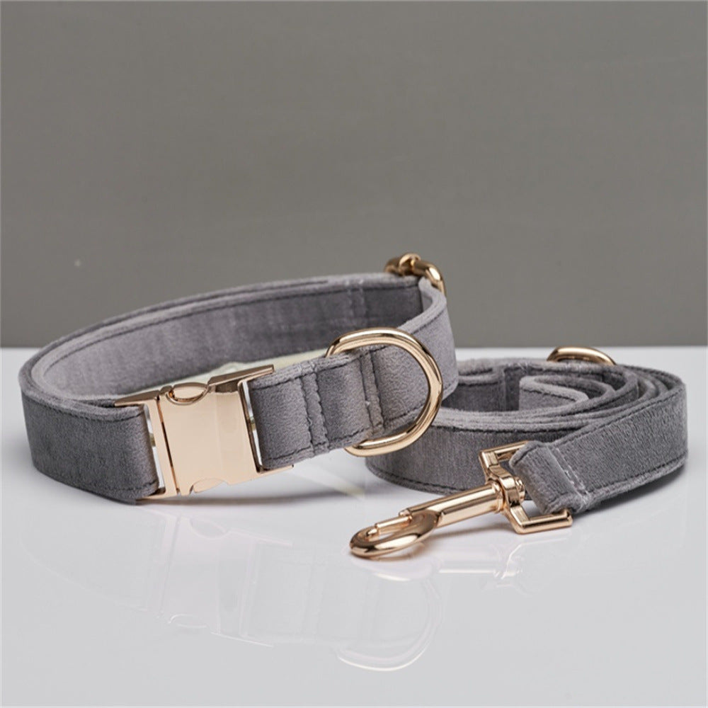 M Grey Luxury Velvet Pet Collar & Leash Set - Engravable Dog Collar with Gold Hardware