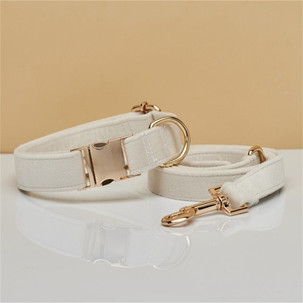 XS Beige Luxury Velvet Pet Collar & Leash Set - Engravable Dog Collar with Gold Hardware